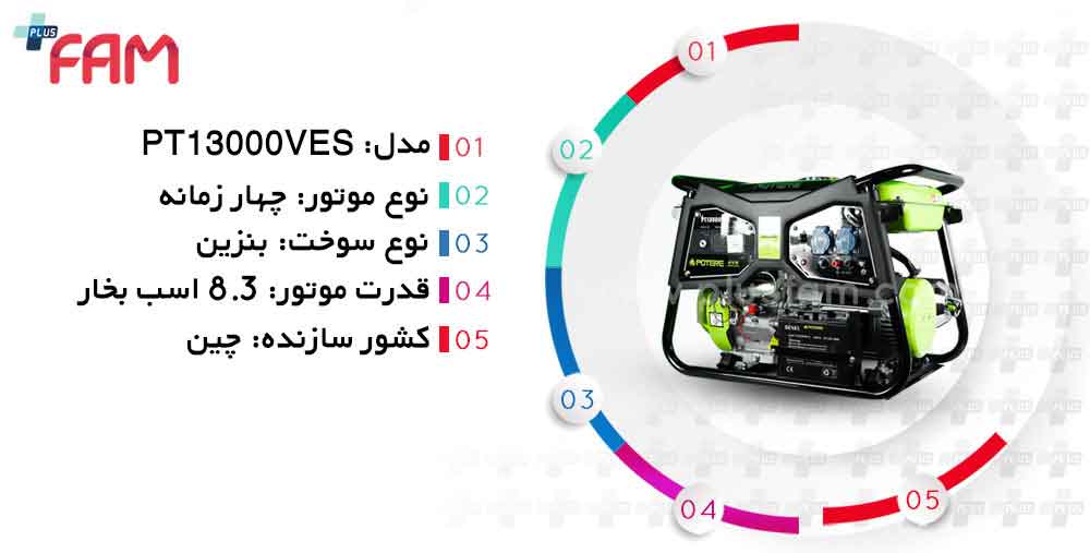 مشخصات فنی موتور برق بنزینی پوتر PT13000VES توان 6.5 کیلووات